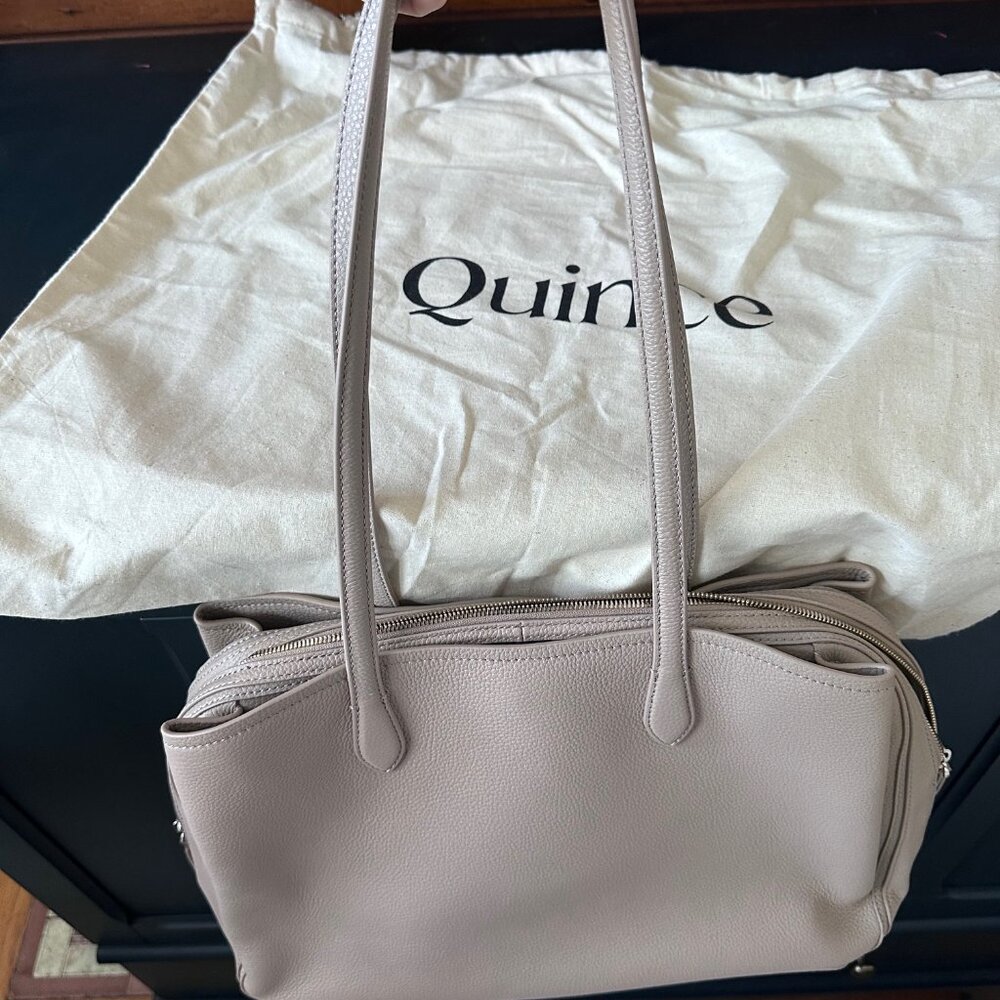 Quince Taupe Italian Leather Triple Compartment Work Tote EUC Org $169